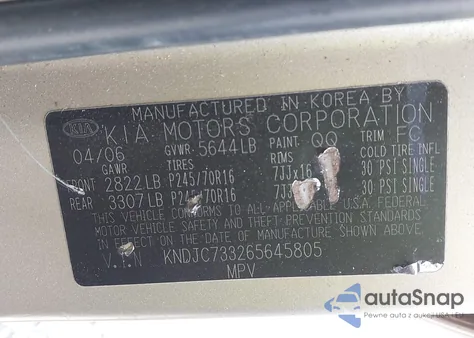 2006 Kia Sorento Ex/Lx from USA, damaged, VIN KNDJC733265645805